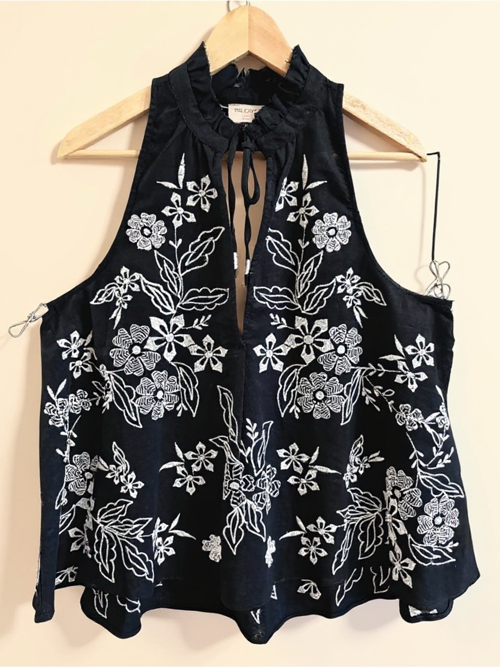 Anthropologie Black Halter Camisole with White Floral Embroidery